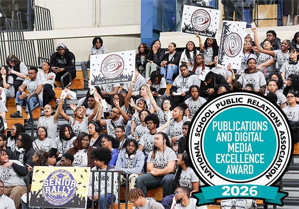 High school students at a senior rally with a 2026 NSPRA award badge overlaid on the image.