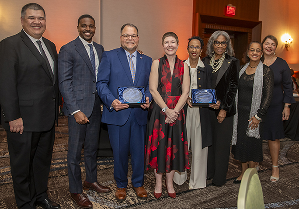 Superintendent Dr. Michele Mitchell, School Board Chairman Dr. Terri Best, Board Vice Chairman Maritsa Alger and Board Member Lisa Surles-Law accepting Community Partner Award from Soundscapes.
