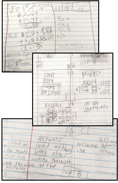 Sample of three homework papers of elementary math work.
